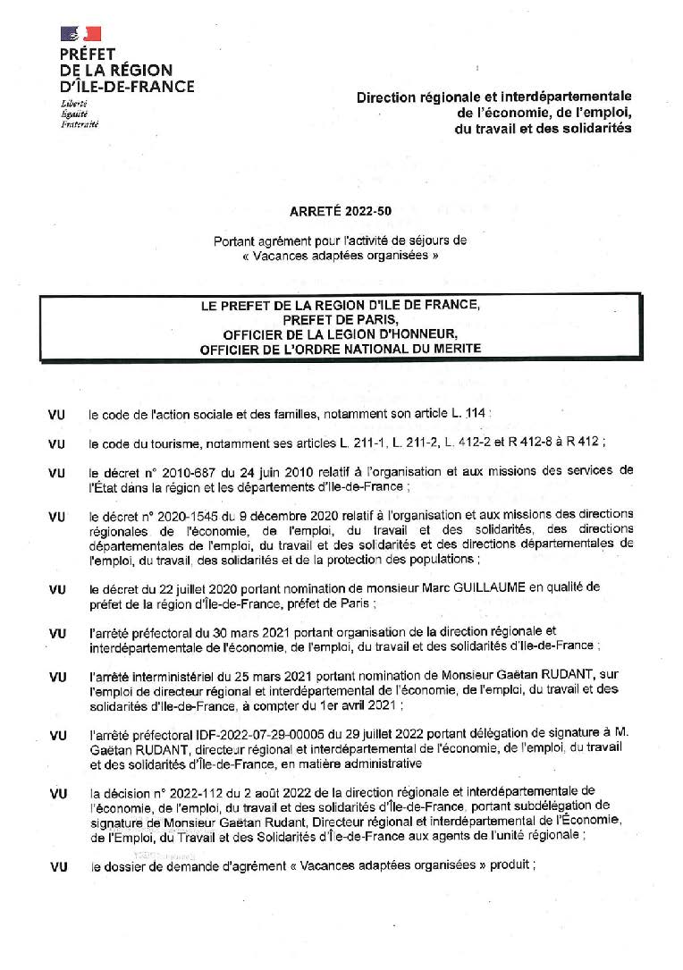 Agrément vacances adaptés organisées page 1